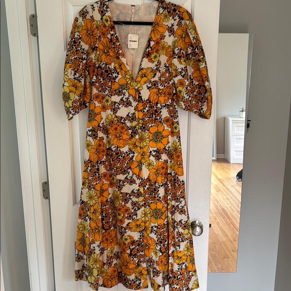 Free People Floral V-Neck Midi Dress - Orange and Yellow